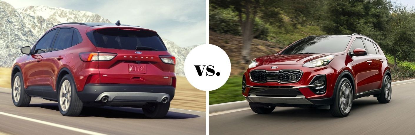 Red Ford Escape and Kia Sportage models in comparison image