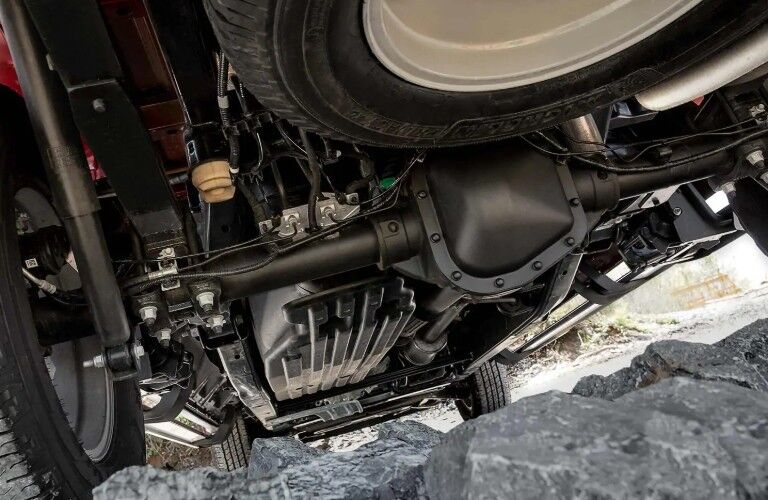 Underside of 2019 Ford F-150 XL with wheels and axles shown