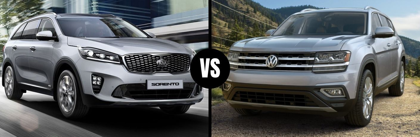 Comparison image of a silver 2019 Kia Sorento and a silver 2019 Volkswagen Atlas