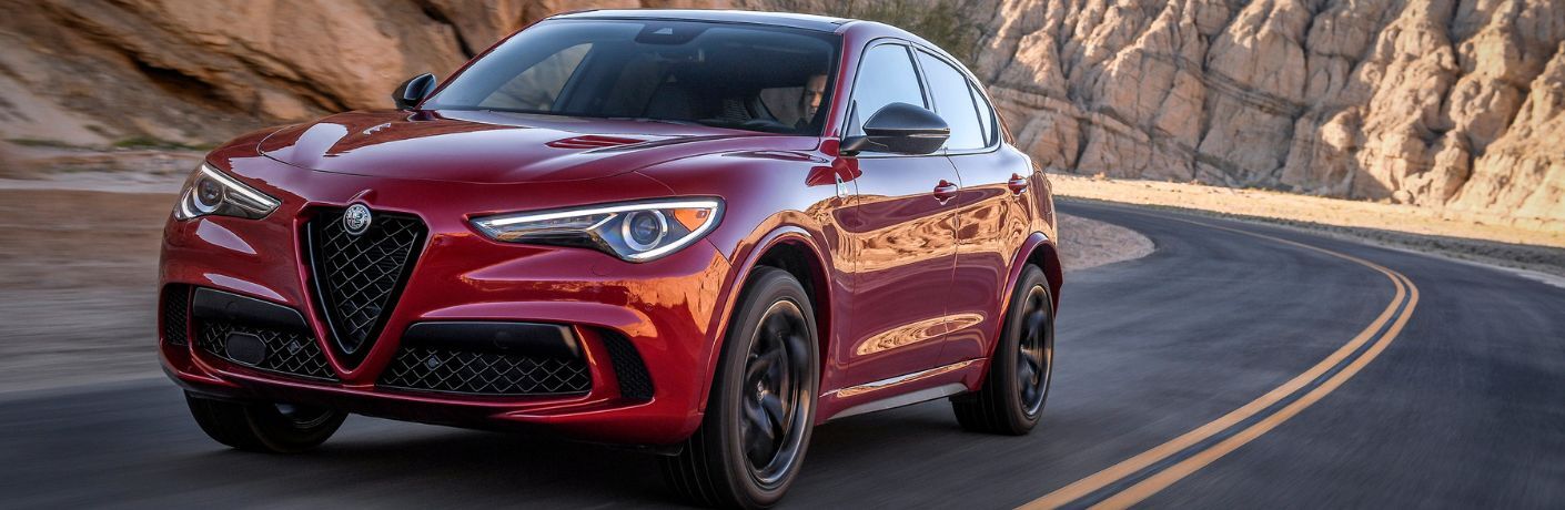 Front view of the 2020 Alfa Romeo Stelvio driving