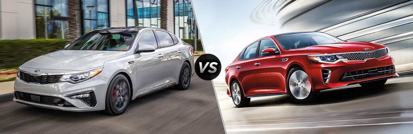 Split screen images of the 2019 Kia Optima vs 2018 Kia Optima