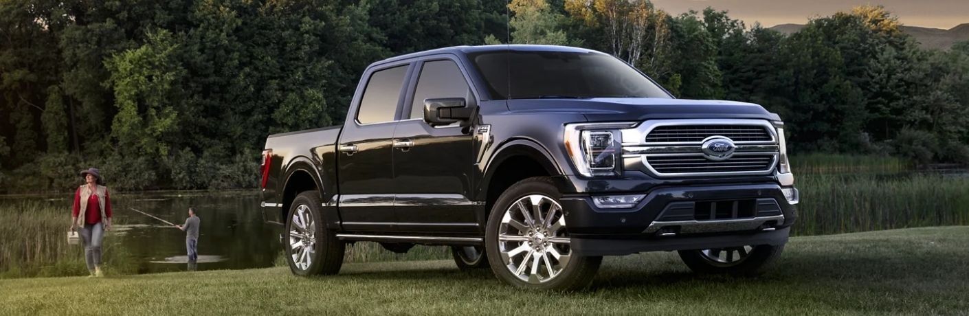 A Ford truck parked on a grassy terrain