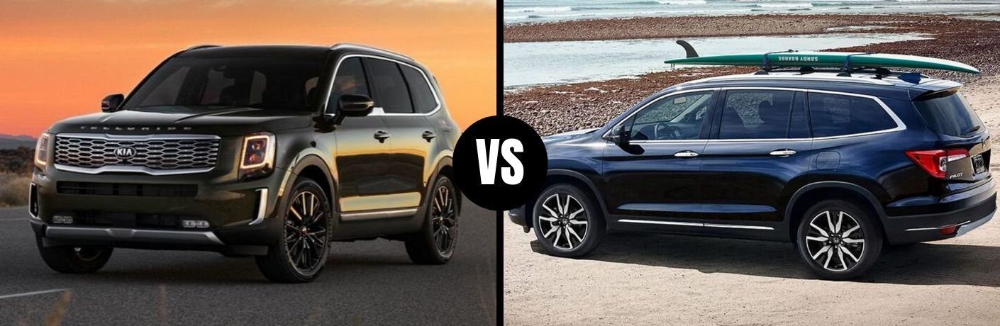 Comparison image of a green 2020 Kia Telluride and a blue 2020 Honda Pilot