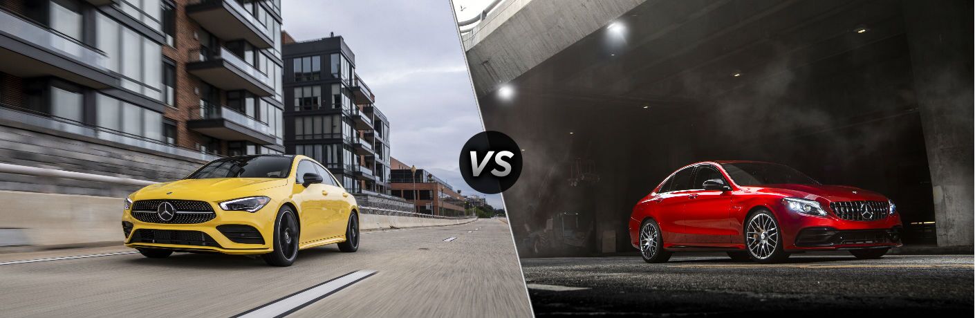 2020 MB CLA exterior front fascia and driver side in city vs 2020 MB C-Class Coupe exterior front fascia and passenger side in dim garage