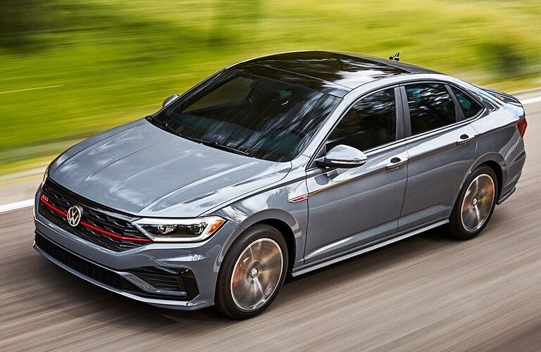 Front driver angle of a grey 2020 Volkswagen Jetta GLI