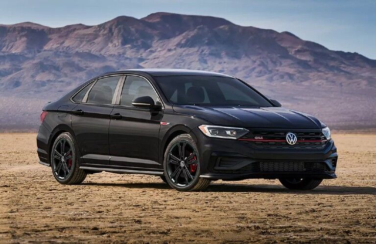 Front passenger angle of a black 2021 Volkswagen Jetta GLI