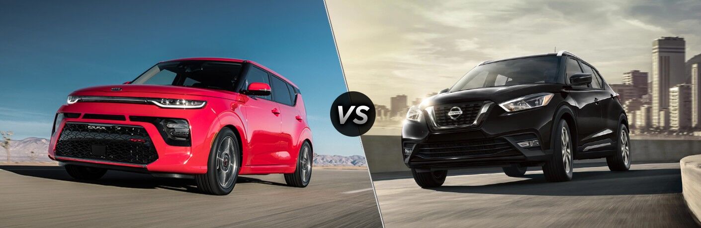 Comparison image of a red 2020 Kia Soul and a black 2020 Nissan Kicks