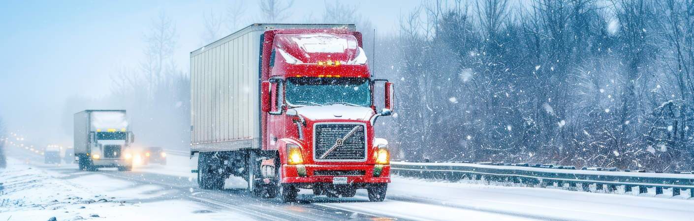 A heavy truck that has been winterized traveling on a snowy road.