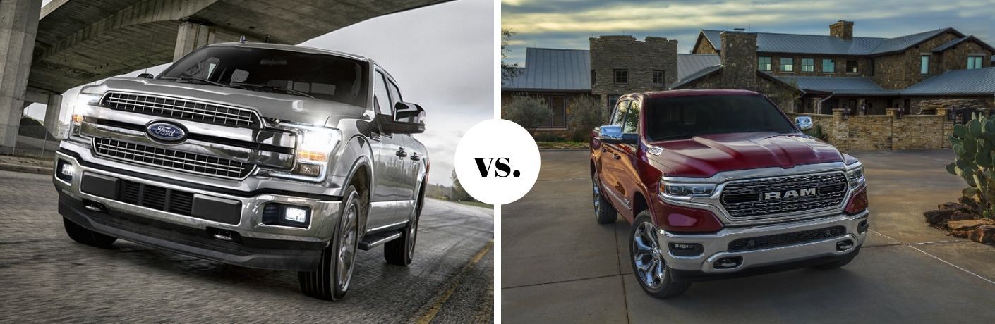 Gray 2020 Ford F-150 and red 2020 RAM 1500 in comparison photo