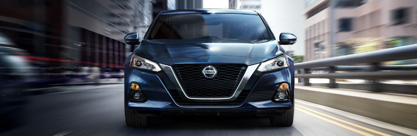 Front driver angle of a blue 2020 Nissan Altima