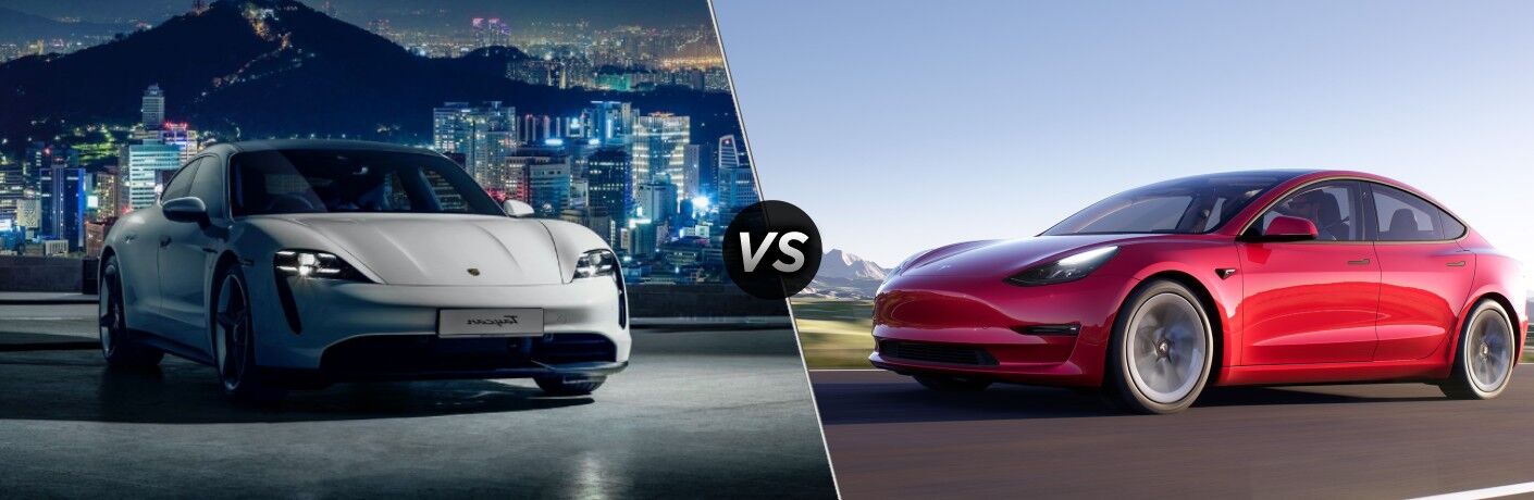 Comparison image of the 2022 Porsche Taycan Vs the 2022 Tesla Model 3