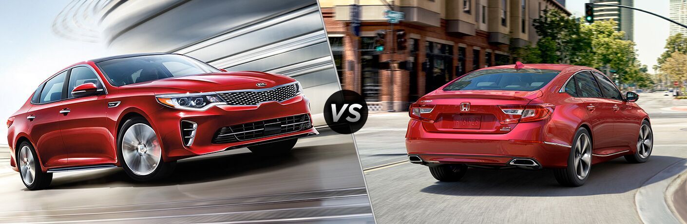 Red Kia Optima and Honda Accord models positioned next to each other in comparison image