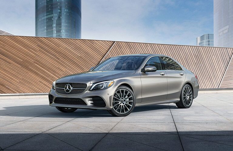 2020 MB C-Class exterior front fascia driver side in front of wooden wall in city