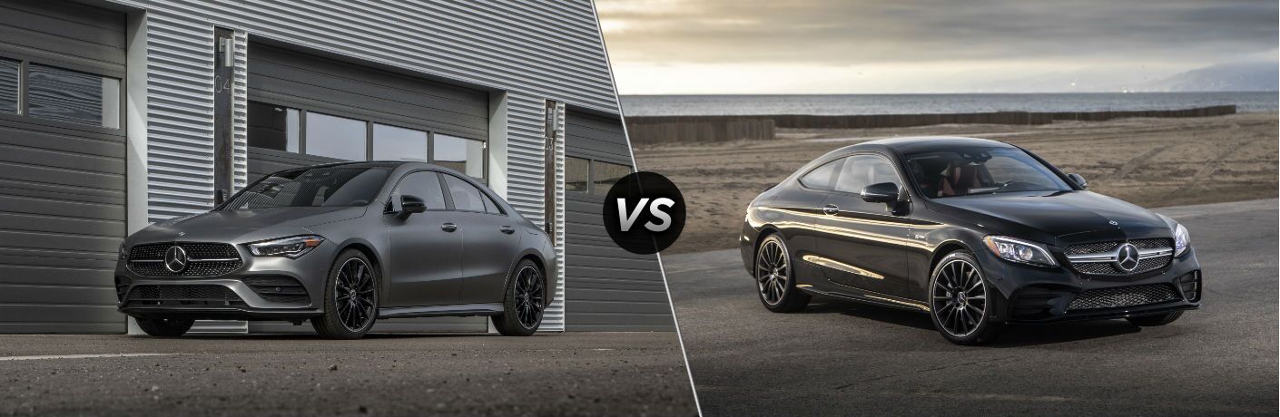 2020 MB CLA exterior front fascia driver side outside garage vs 2020 MB C-Class Coupe exterior front fascia passenger side on beach with wood fence