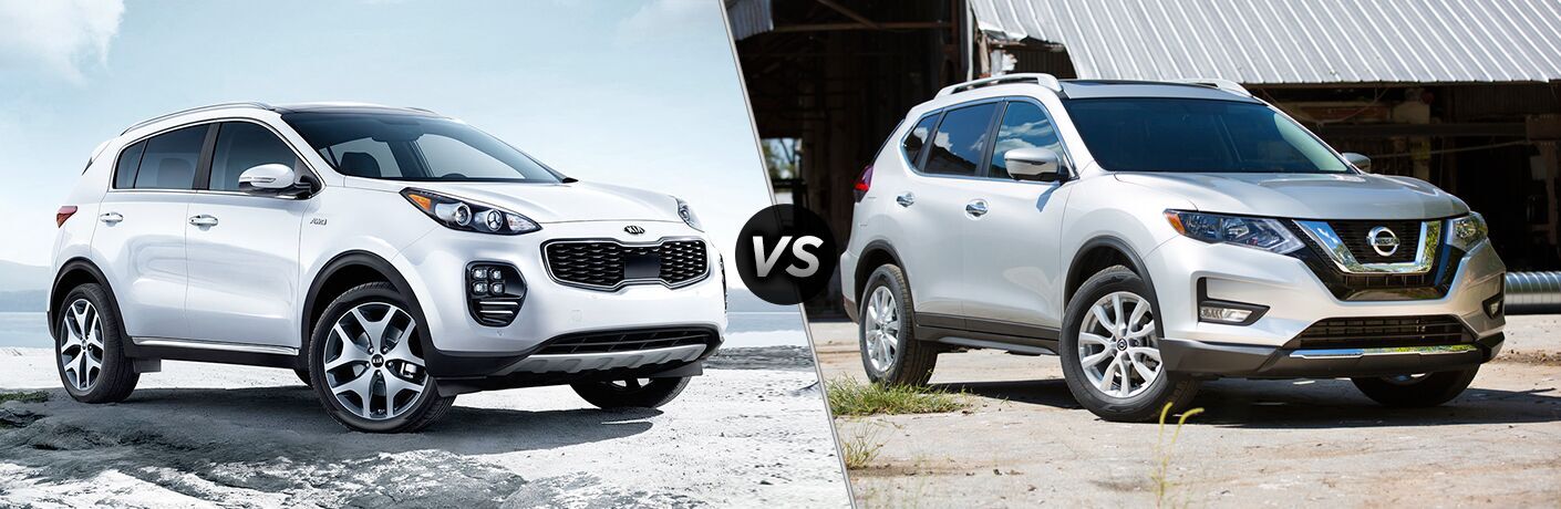 White Kia Sportage and Nissan Rogue models positioned next to each other in comparison image
