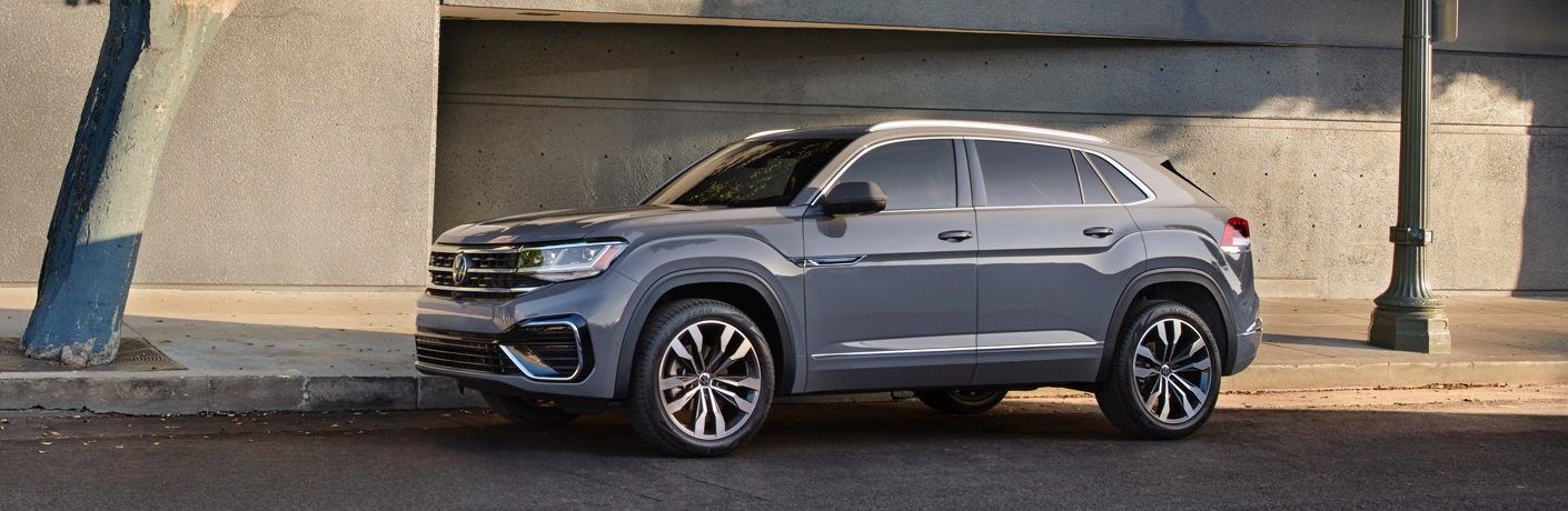 Front driver angle of a grey 2020 Volkswagen Atlas Cross Sport