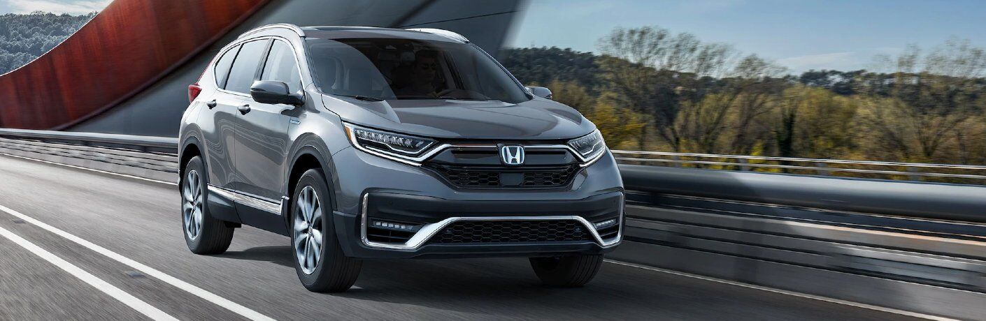 Front passenger angle of a grey 2021 Honda CR-V