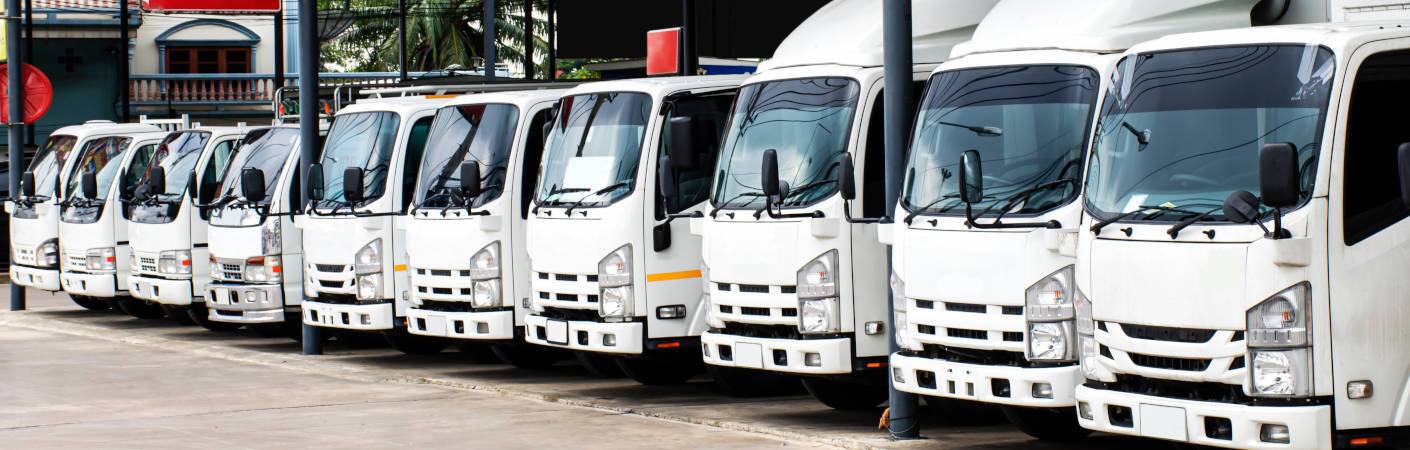 A row of used commercial trucks for sale at a dealership