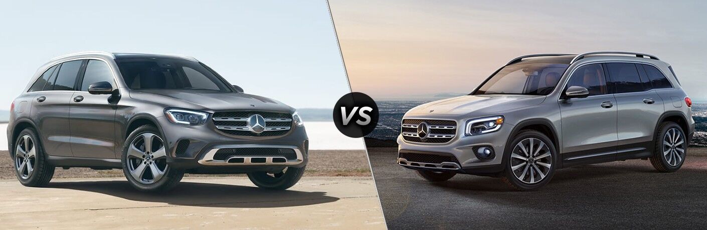 Gray 2022 Mercedes-Benz GLC at a Beach vs Silver 2022 Mercedes-Benz GLB on a Beach
