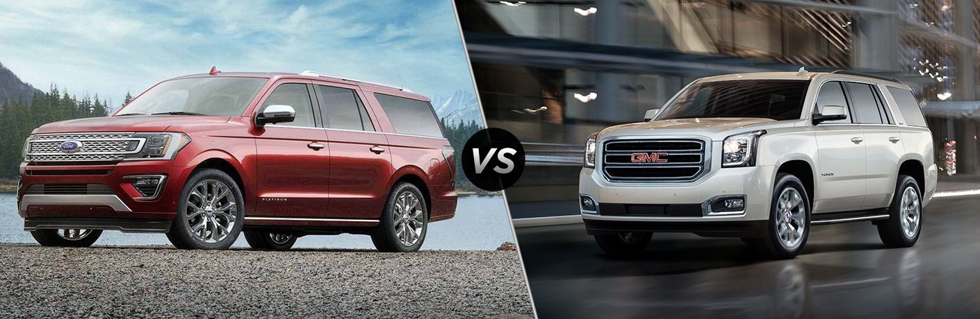 Red 2019 Ford Expedition and white 2019 GMC Yukon in comparison image
