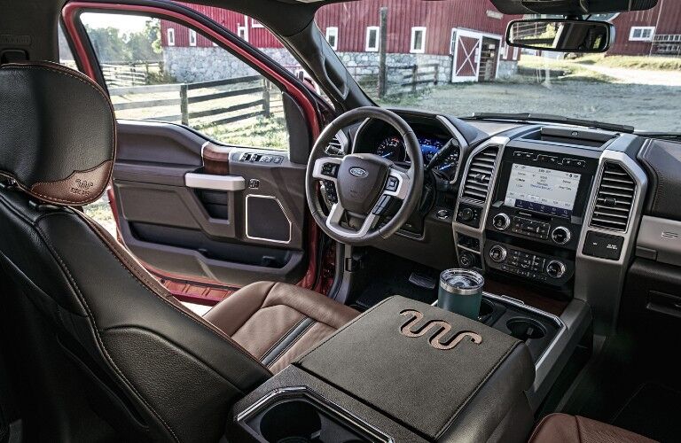 Interior view of 2020 Ford Super Duty with leather seating and centre touchscreen