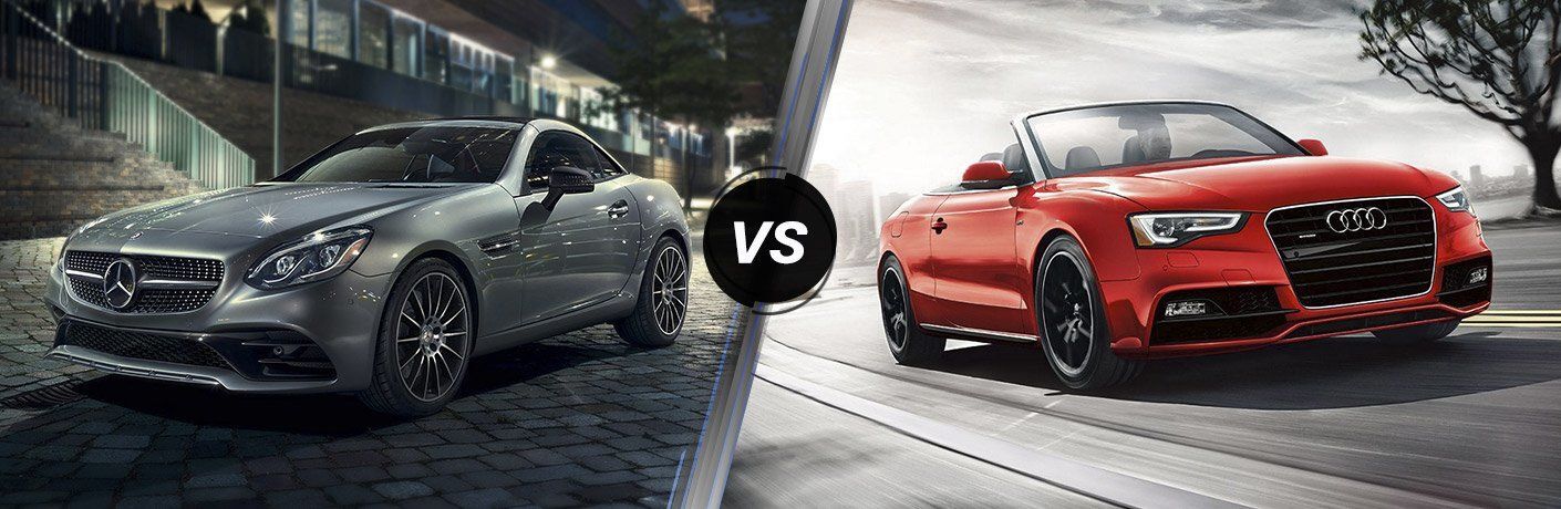 Gray 2017 Mercedes-Benz SLC on Street at Night vs Red 2017 Audi A5 Cabriolet on Freeway