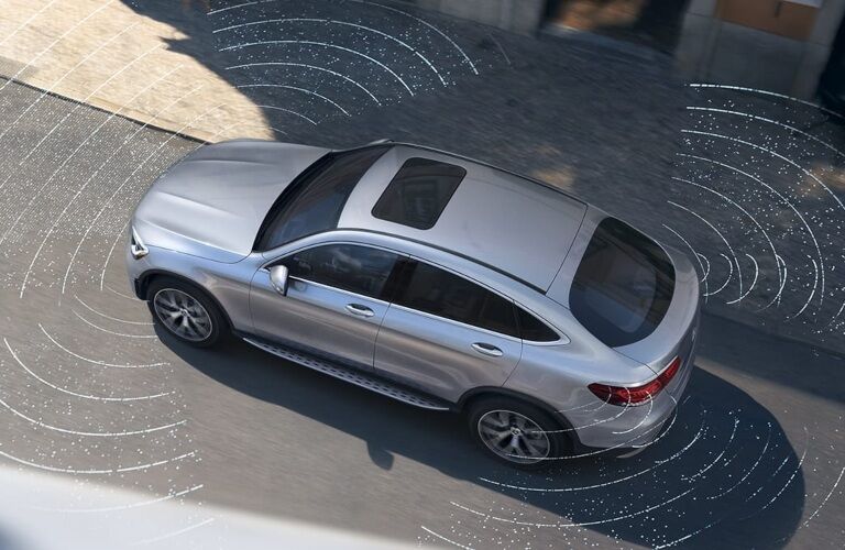 2022 Mercedes-Benz GLC Coupe silver top view with radar lines