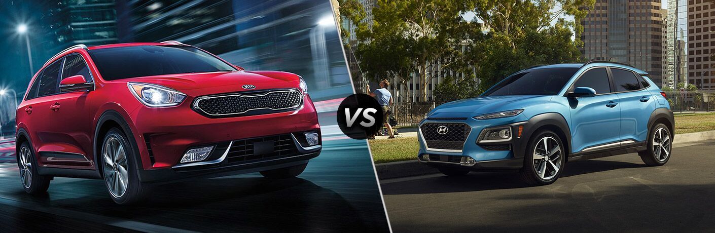 Red 2018 Kia Niro next to blue 2018 Hyundai Kona in comparison image