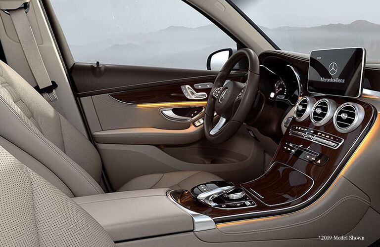 2020 MB GLC interior front cabin steering wheel dashboard partial seats side view
