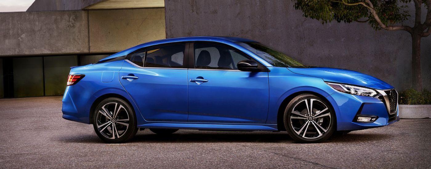 Side view of a blue 2020 Nissan Sentra