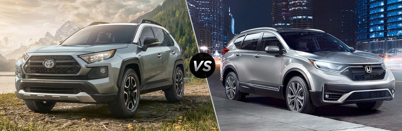 Light green 2020 Toyota RAV4, VS icon, and silver 2020 Honda CR-V