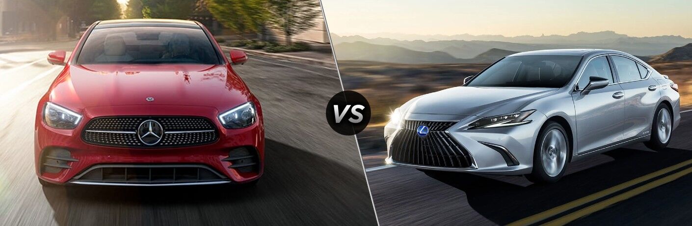 Red 2022 Mercedes-Benz E-Class Front Exterior vs Silver 2022 Lexus ES Front Exterior