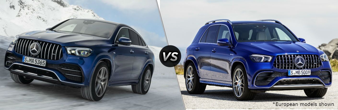 2021 Mercedes-AMG® GLE 53 Coupe exterior front fascia driver side in blurred snow vs AMG® GLE 63 S SUV exterior front fascia passenger side