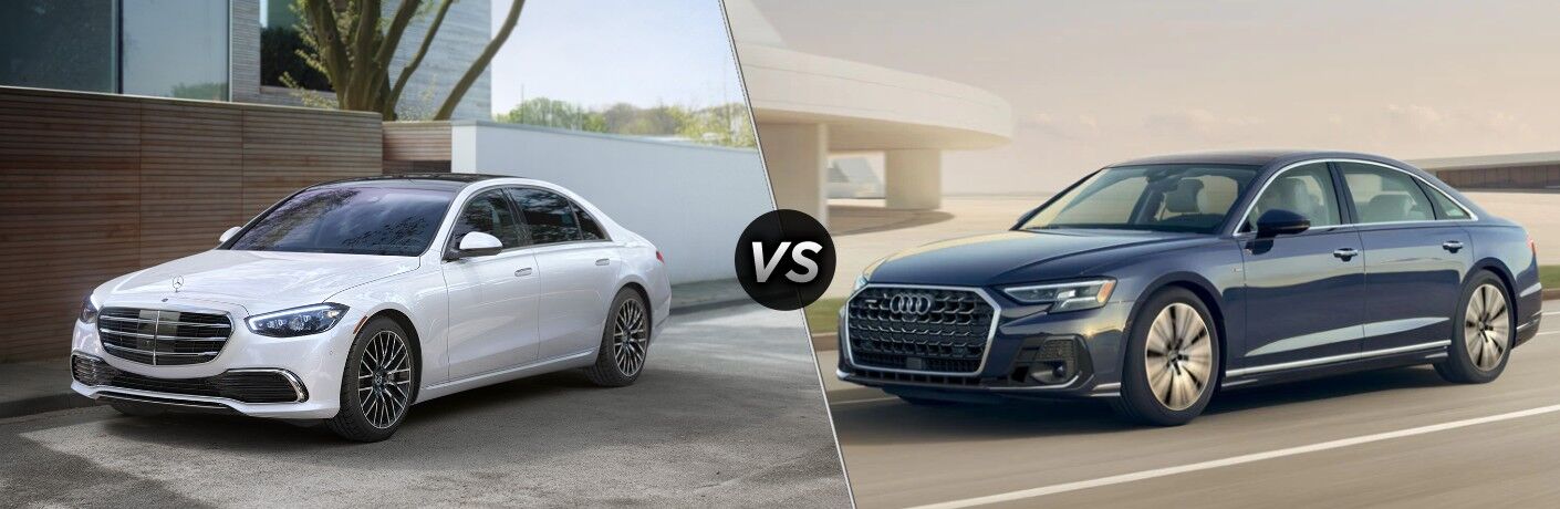Comparison image of the 2022 Mercedes-Benz S-Class vs the 2021 Audi A8