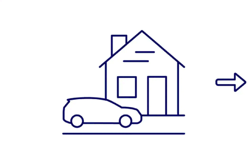 Icon drawing of a car in front of house with arrow pointing away