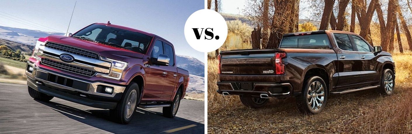 Red Ford F-150 and black Chevrolet Silverado in comparison image