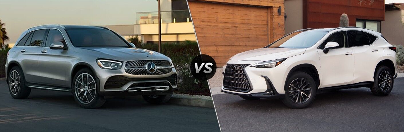 Gray 2022 Mercedes-Benz GLC on a City Street vs White 2022 Lexus NX in a Driveway