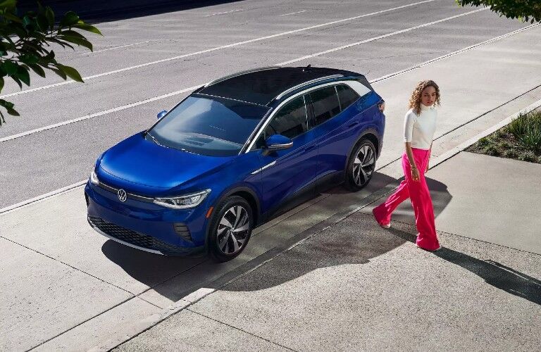 Front driver angle of a blue 2021 Volkswagen ID.4