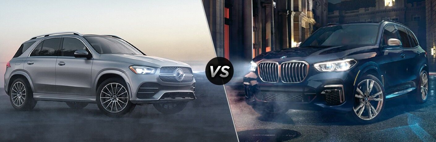 Silver 2022 Mercedes-Benz GLE Front vs Blue 2022 BMW X5 Front
