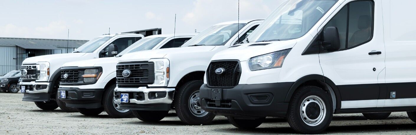 Commercial vehicles at Akins Ford in a line