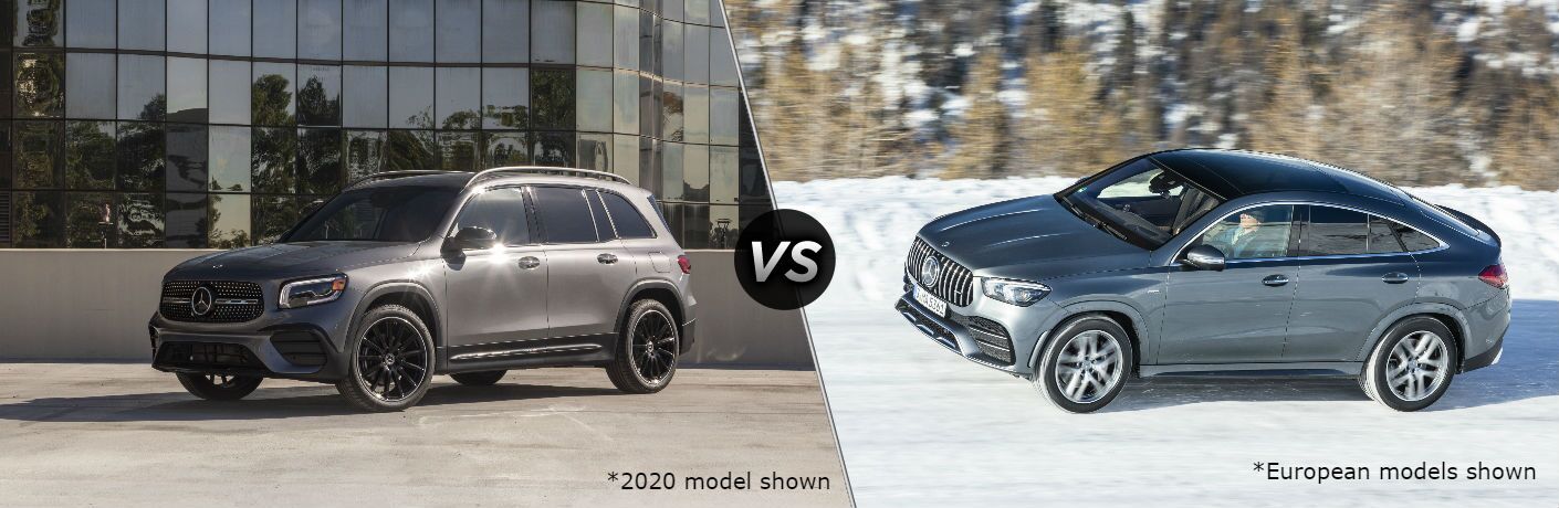 2021 MB GLB front fascia driver side in front of office building vs 2021 MB GLE Coupe exterior front fascia driver side on blurred snowy road