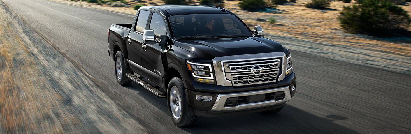 Front passenger angle of a black 2021 Nissan TITAN