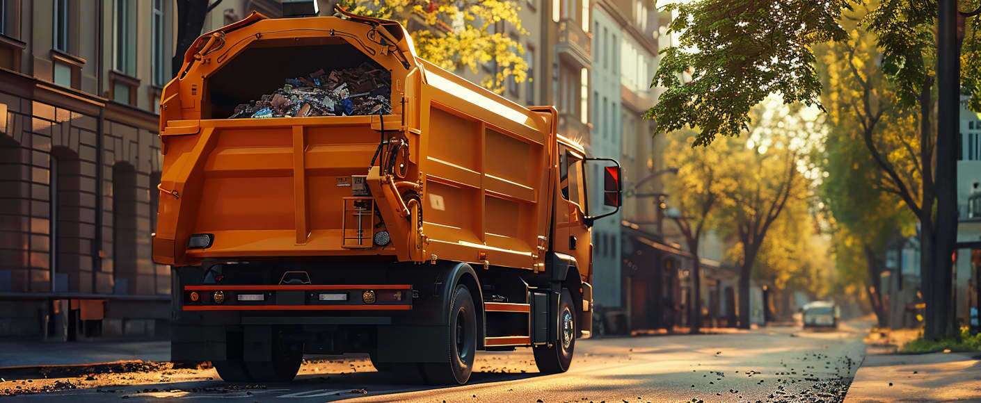 A well-maintained city garbage truck on the street.