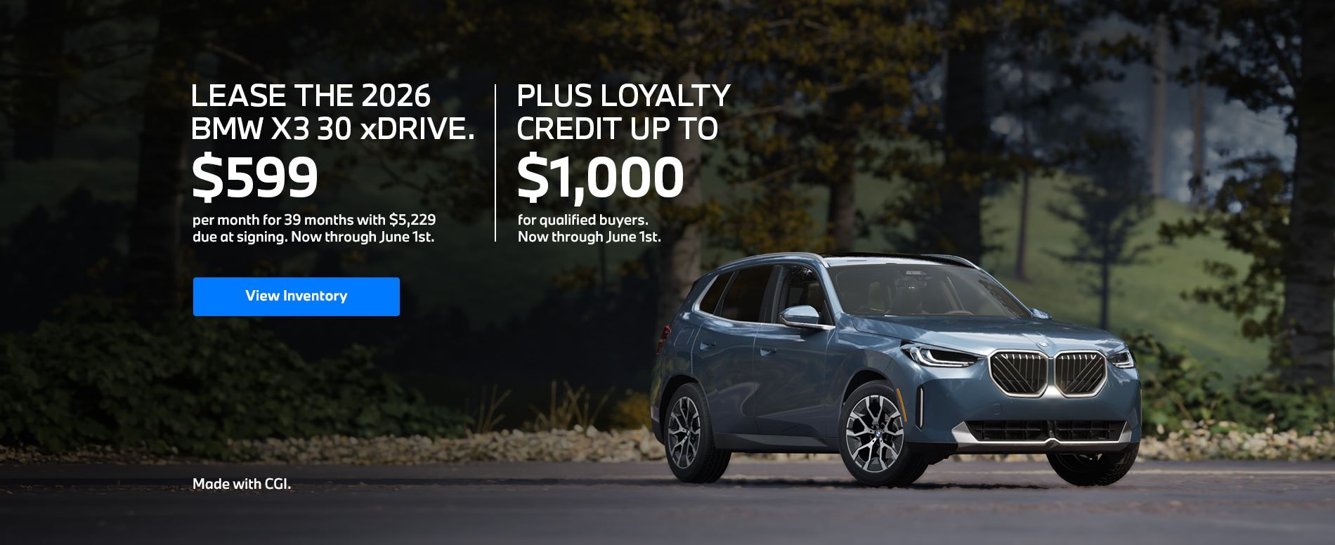 2026 X3 lease starting at $599 per month for 39 months
