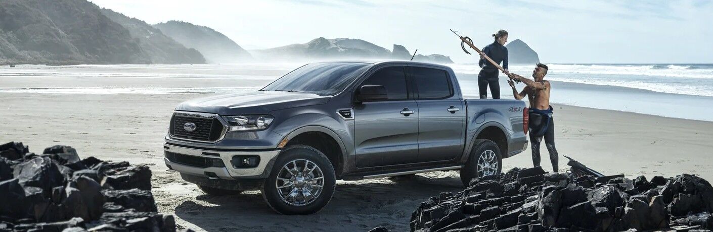 Front driver angle of a grey 2021 Ford Ranger