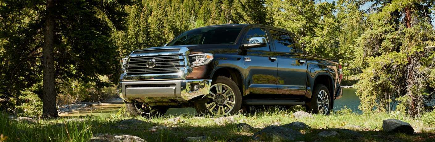Front driver angle of a black 2020 Toyota Tundra parked in a forest