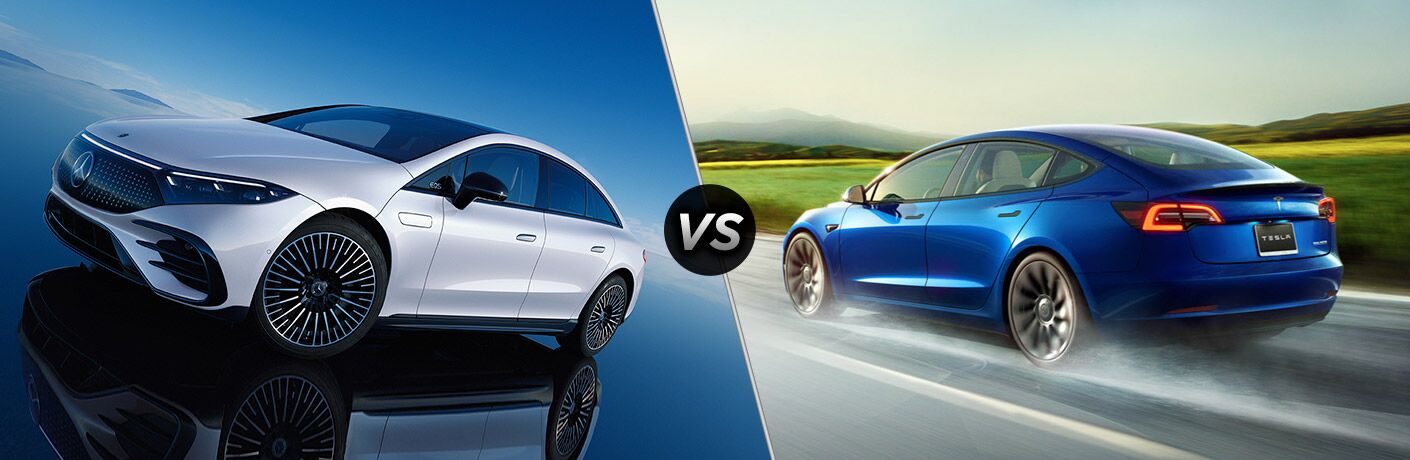 Comparison image of the 2022 Mercedes-Benz EQS Sedan and the 2022 Tesla Model 3