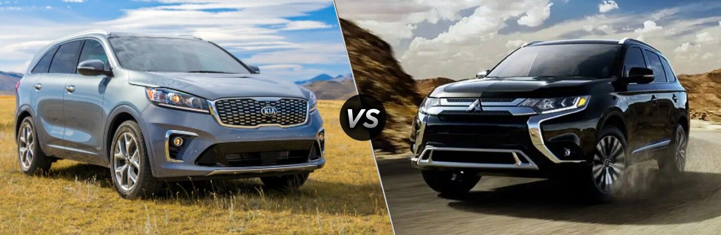 Comparison image of a blue 2020 Kia Sorento and a black 2020 Mitsubishi Outlander