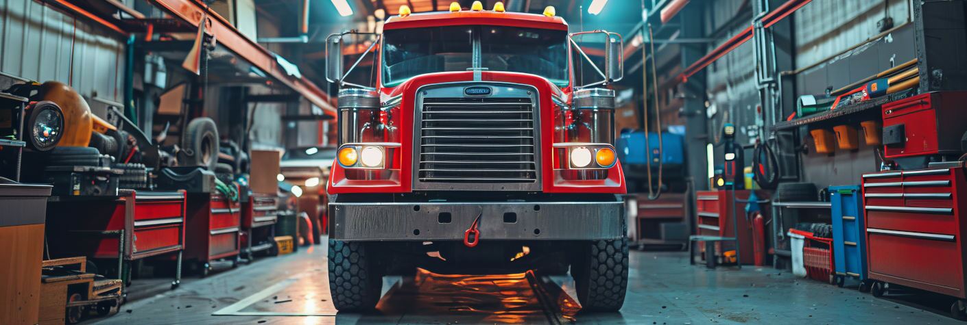A heavy truck in the repair shop in an article detailing what tools every heavy truck owner should have.
