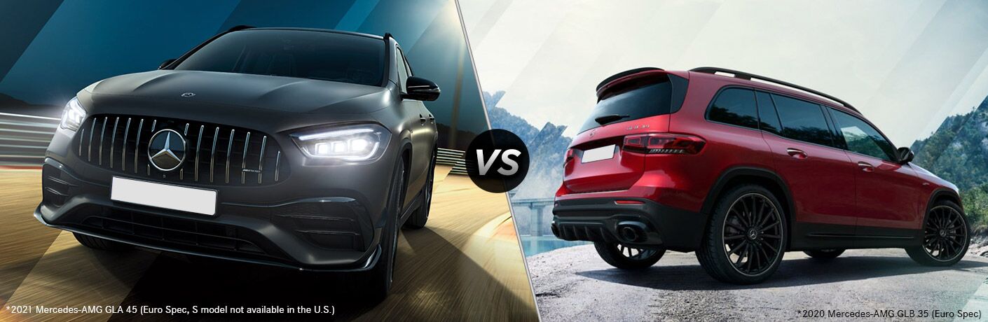 2021 MB AMG GLA exterior front fascia vs 2021 MB GLB exterior back fascia passenger side on rock with trees and lake